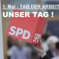 Logo SPD Würfel mit Schriftzug 1. Mai - Unser Tag
